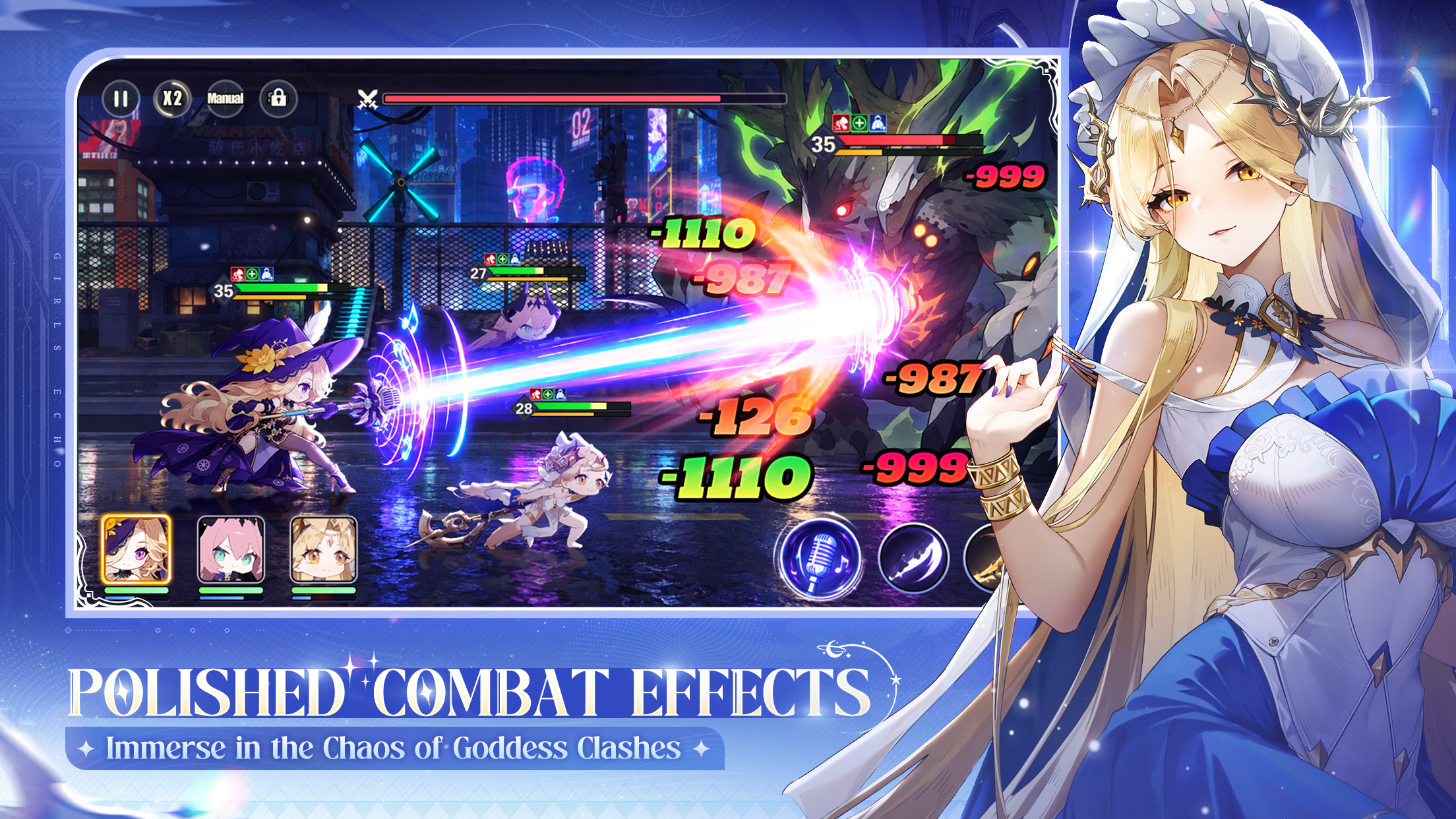 Official Girls Echo promotional image showing a team battle and character artwork
